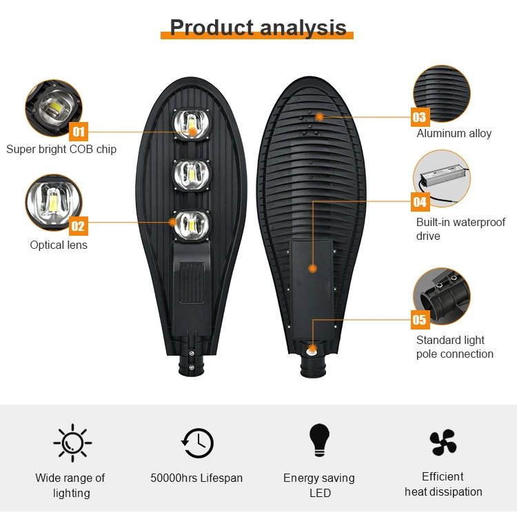 Zhaoyi Selling Black Outdoor Streetlight Road Light Waterproof 50W 100W 150W 200W 6500k Cobra Led Street Light
