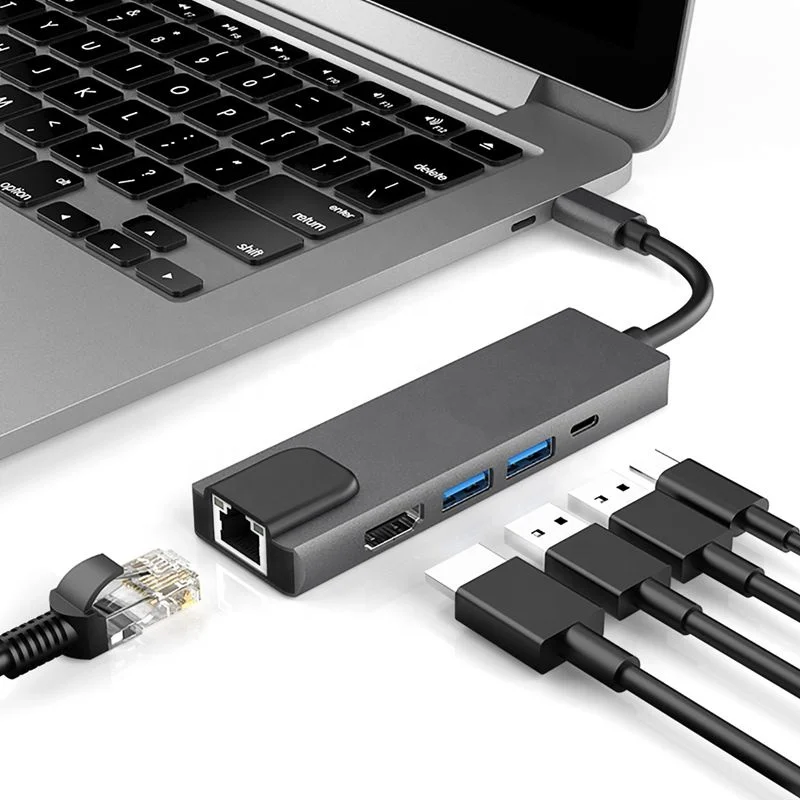 5 in 1 type c hub Adapter with1000M RJ-45 Gigabit Ethernet Port 4k Output 2 USB 3.0 Ports USB C Power Delivery