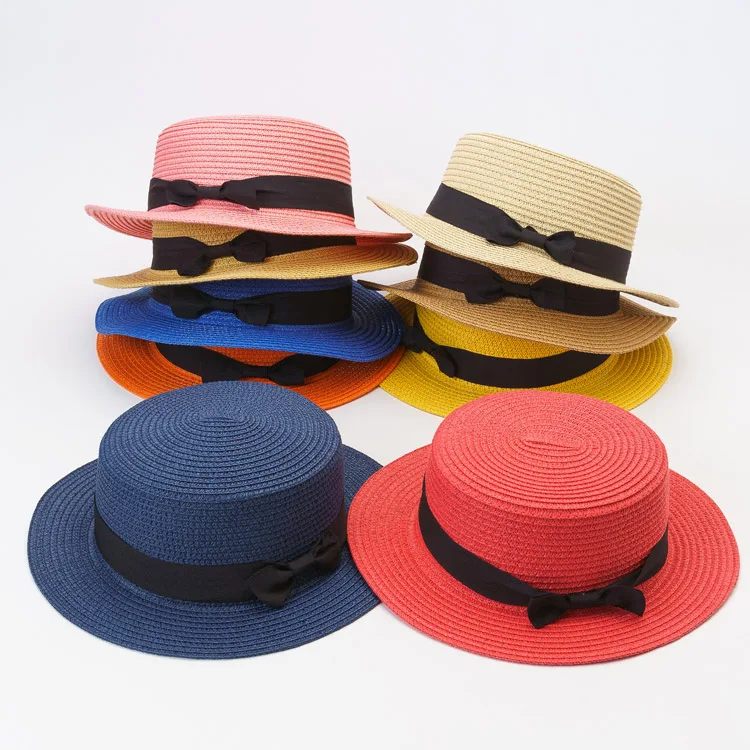 High Quality Hat Manufacturer Custom Logo Bucket Straw Hat Bulk Adults Summer Beach Color Ribbon Designer Straw Hat
