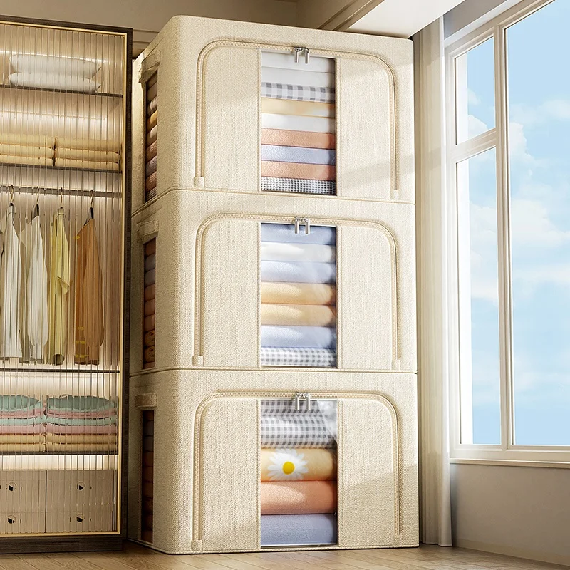 low price Clothes Storage Bins Foldable Metal Frame Storage Box with Clear Windows Stackable Linen Fabric Organizer With Handles