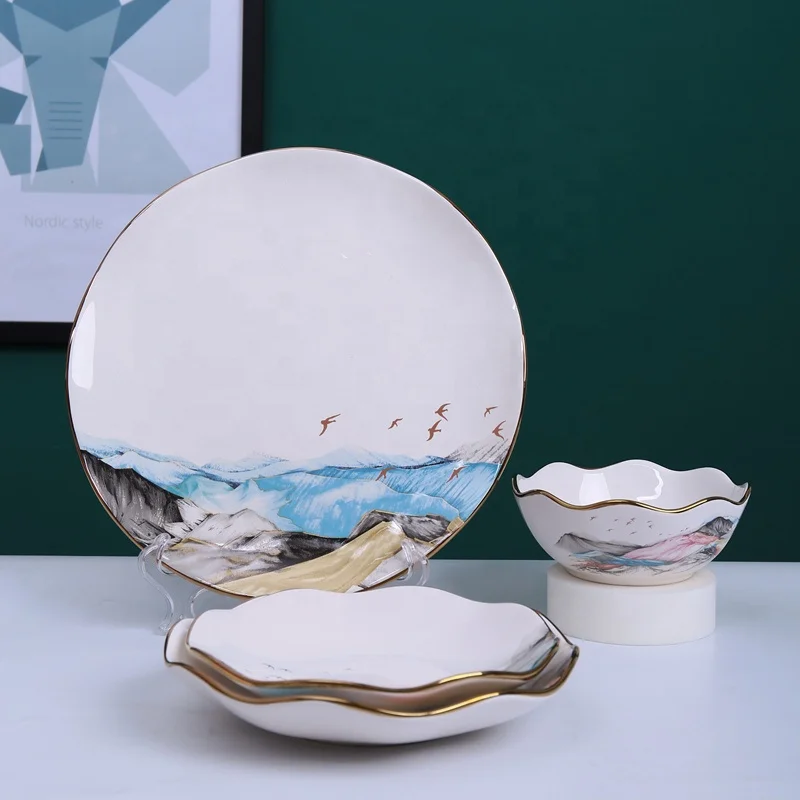Unique Design Decal Ceramic Deep Dish Plate Plate Dinnerware With Wave Edge