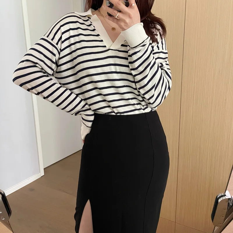Women Casual Polo Neck Striped Silk Cashmere Sweater Jumper Shirt