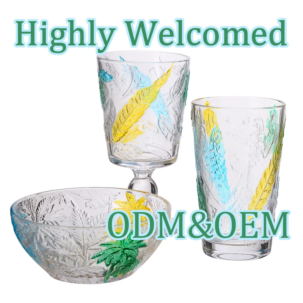 Wholesale Vintage Retro Coconut Tree Embossed Pressed Goblet Blue Pink Green Colored Glassware Cup Wine Glasses