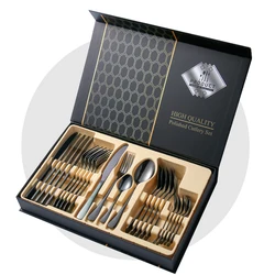 Snyno высококачественный набор золотых столовых приборов из нержавеющей стали, 24 шт., Подарочная коробка, столовые приборы золотого цвета, набор столовых приборов с футляром