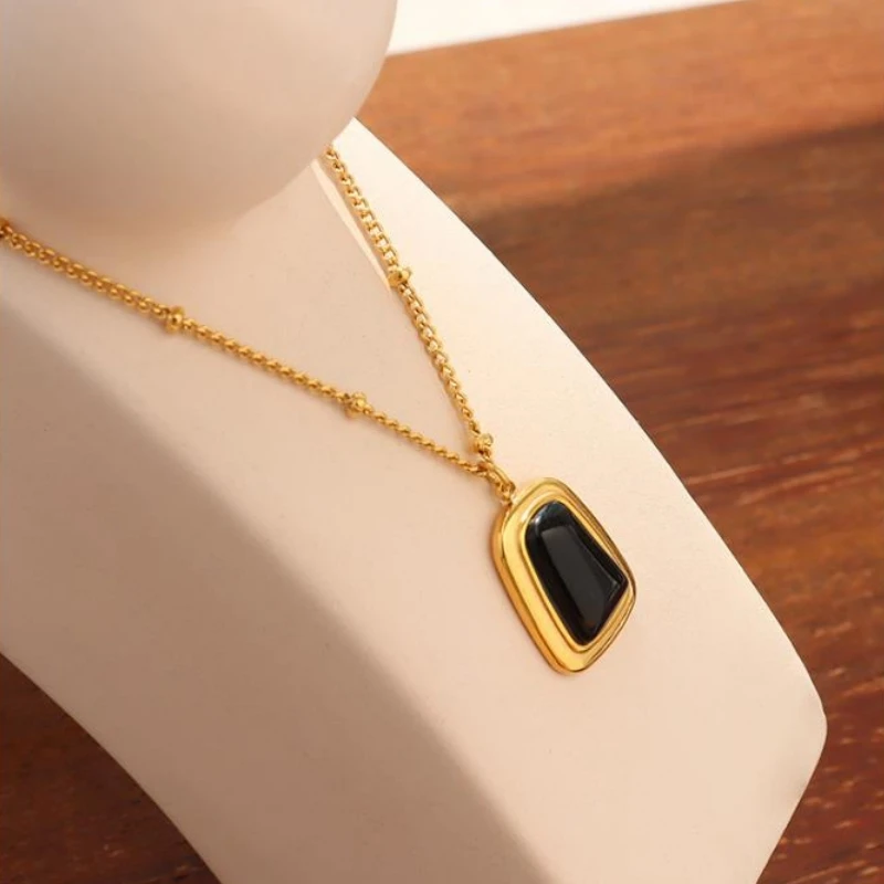 New Fashion Stainless Steel Necklace Square Natural Stone Pendant Necklace 18K Gold Plated Jewelry For Women