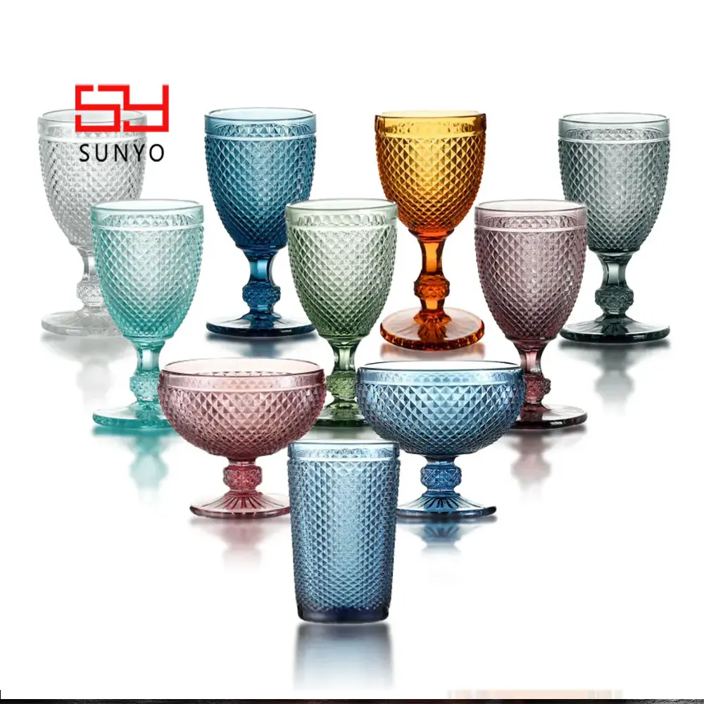 SUNYO Blue Amber Wine Goblet Classic Retro Design Colored Glassware Hot Sale Embossed Vintage for Wedding Party Water Glass