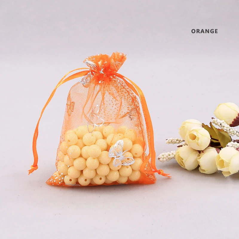 Wholesale 9x12 cm Small Transparent Drawstring Gift Bag Pouches Mesh Jewelry Packaging Silver Butterfly Organza Bags