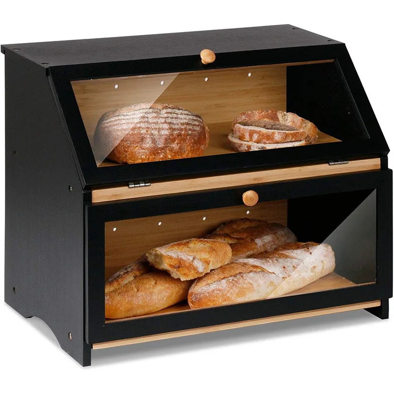 Large Capacity Double Layer Kitchen Storage Boxes Bins Large Bamboo Bread Storage Bin Bread Box for Food