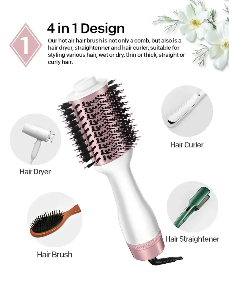 1000w Hot Air Brush Hair Volumizer Curler Straightener Styler Comb 4 in 1 Hair Dryer and Straightener