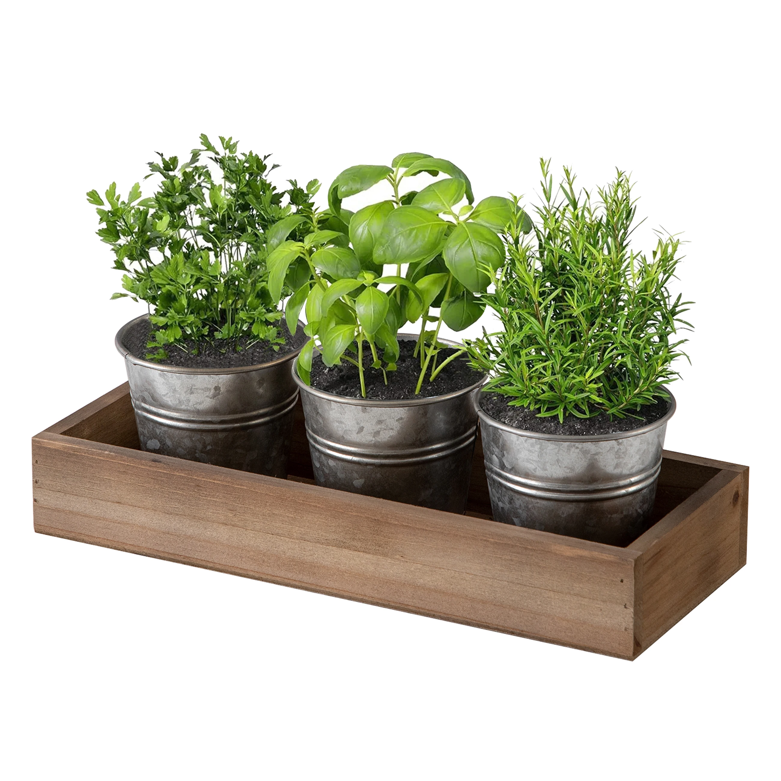 Handmade Farmhouse Garden Ornaments Decorative Planter Box Rustic Wooden Herb Planter Tray Flower Pots With Metal Pots Set Of 3
