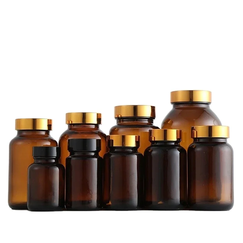 Amber Round Empty Capsule Glass Bottle Pharmaceutical Packaging Jars Pill Containers Vial with Plastic Child Resistant Lid