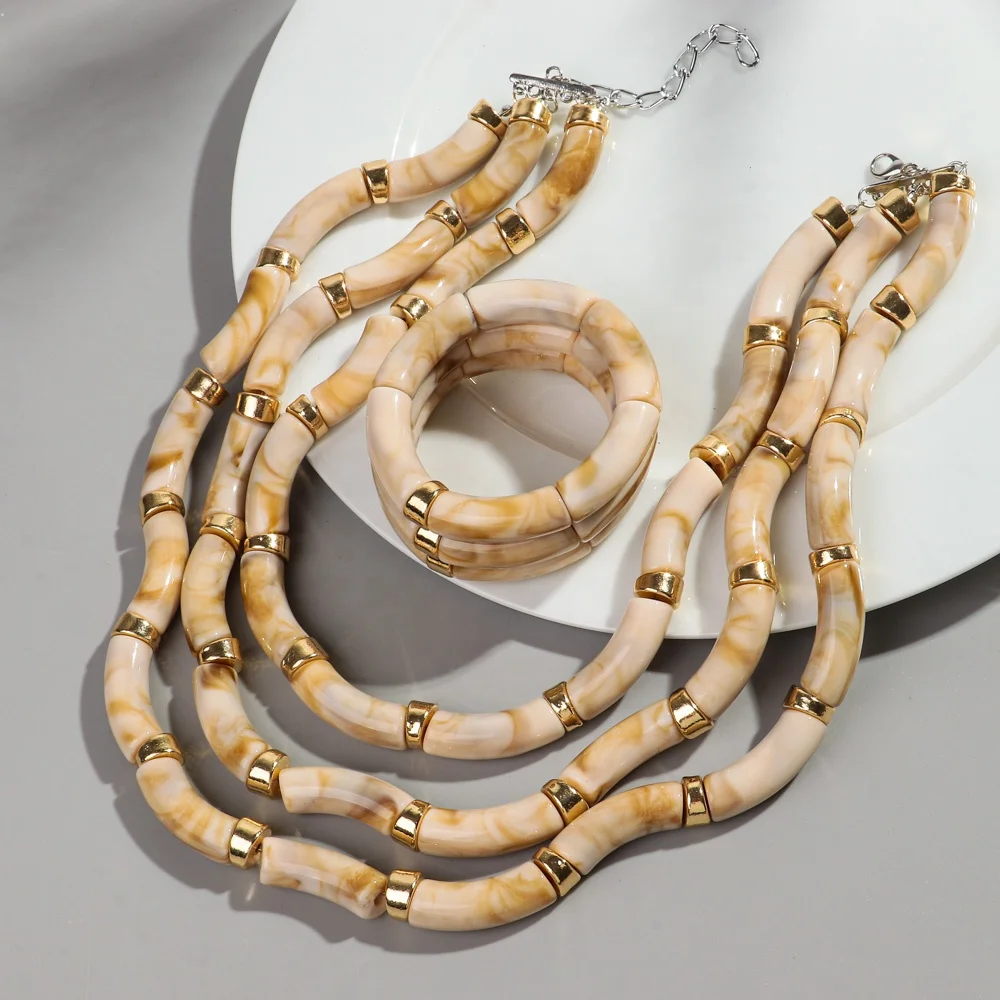 2024 Resin Shell Marble Multilayer Jewelry Gold Plated Copper Spacer Creative 3 PCS Tube Beads Bracelet Necklace Set for Women