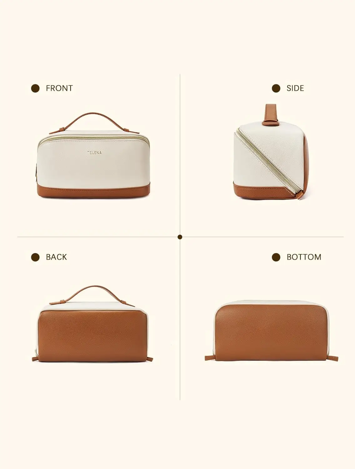 Qetesh Fashionable Portable Leather Wash Bag with Handle Flat Lying Cosmetic Bag with Divisions for Handheld Cosmetics