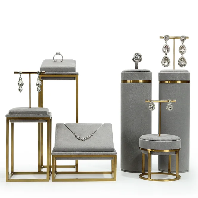 luxury suede metal neck mannequin blue gray jewelry display props holder rack stands set for jewelry
