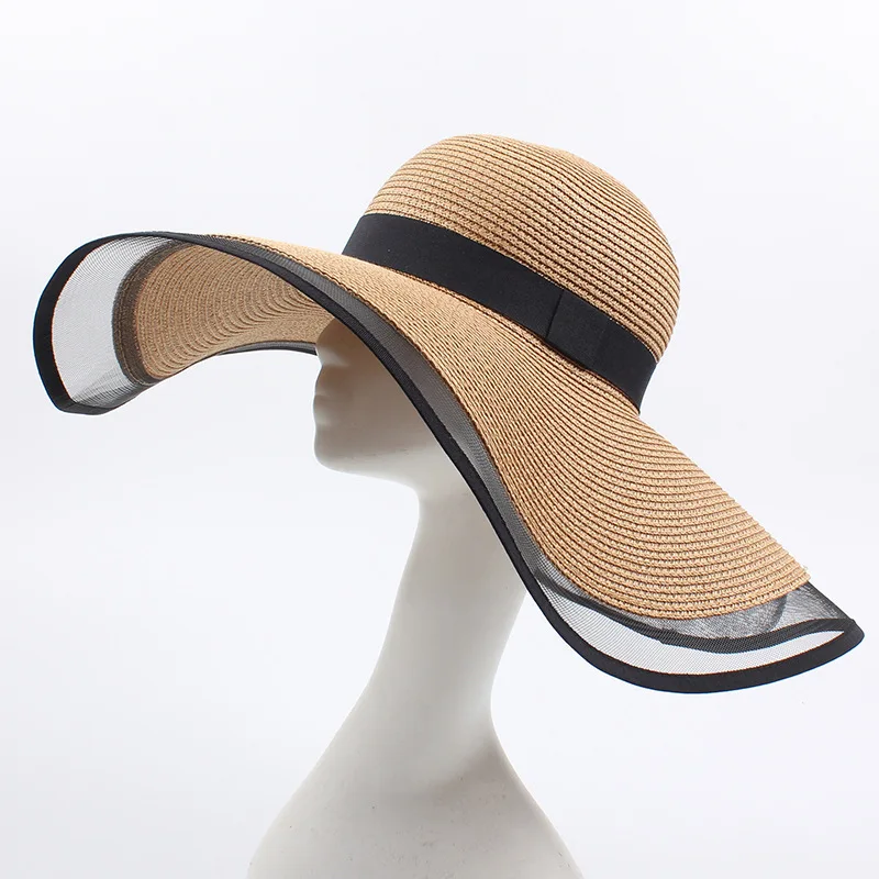 wholesale female elegant summer beach hats Mesh trimmed oversized women wide brim straw sun hats