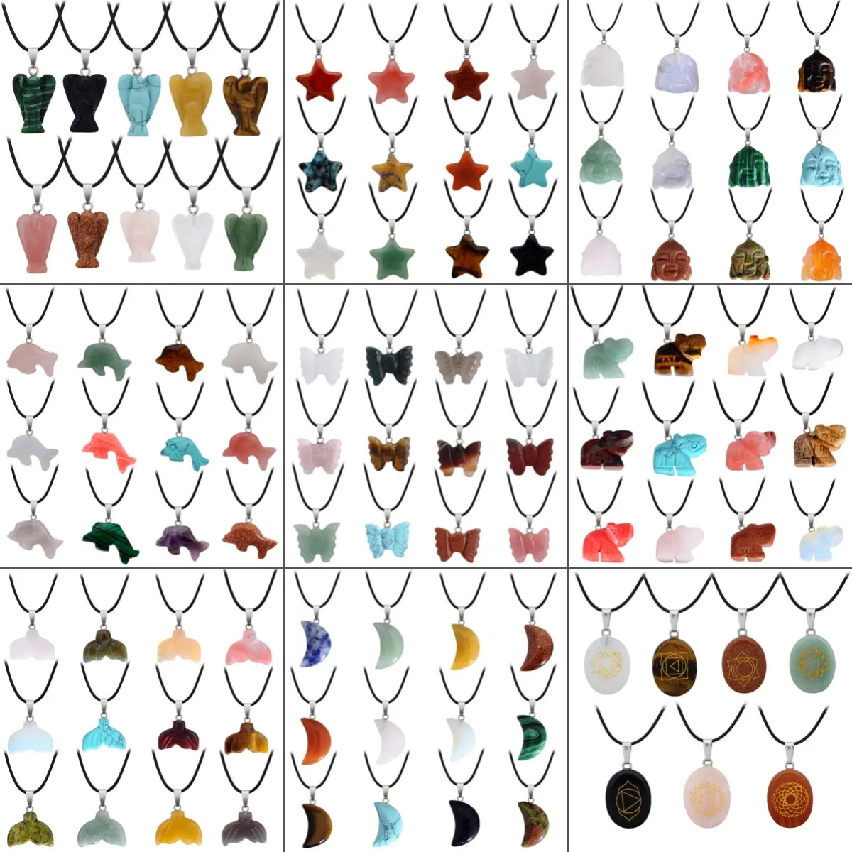 47 Multi Color Healing Chakra Beads Gemstone Opal Tiger Eye Crystal Quartz Gemstone Love Heart Shape Stone Pendant Necklace