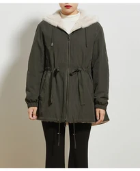 Fashion Women Winter Warm Mink Fur Coat Drawcord At Waist Reversible Hooded Outwear