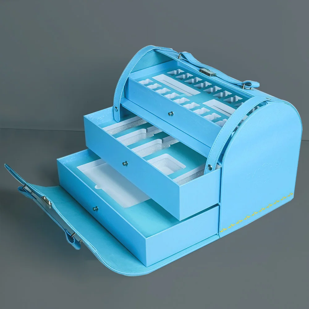 House Shape Double Layer 3 tiered PU Showcase Box Texture Packaging Leather Paper Packaging