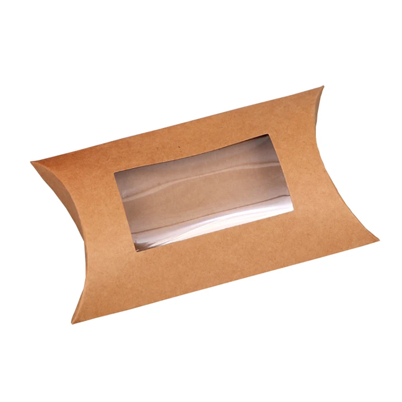 small candy gift packaging boxes recyclable brown kraft paper pillow box with clear window