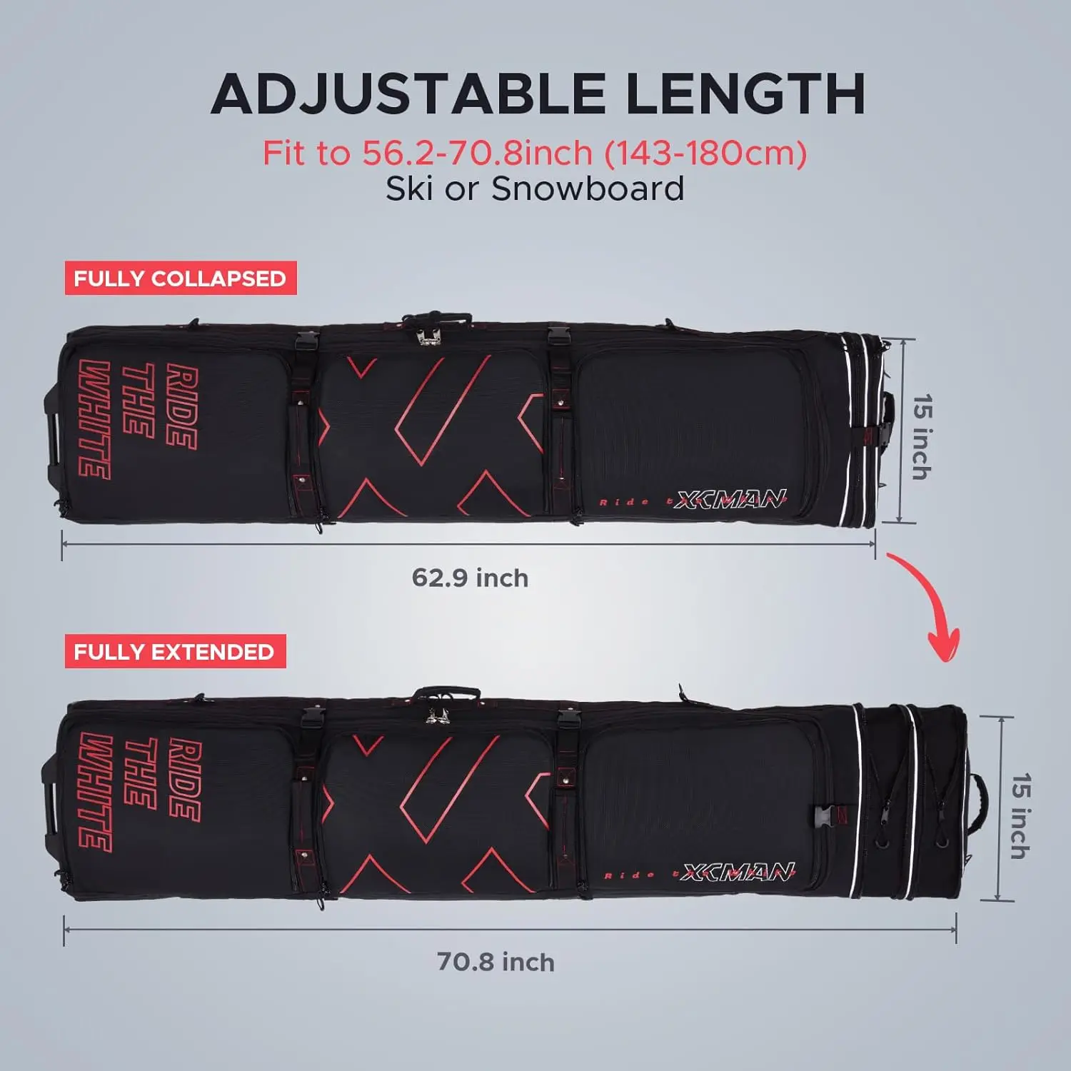 Padded Snowboard Bag with Wheels- Snow Ski Bags for Air Travel Adjustable Length 61-70In Large Capacity with Water-Resistant