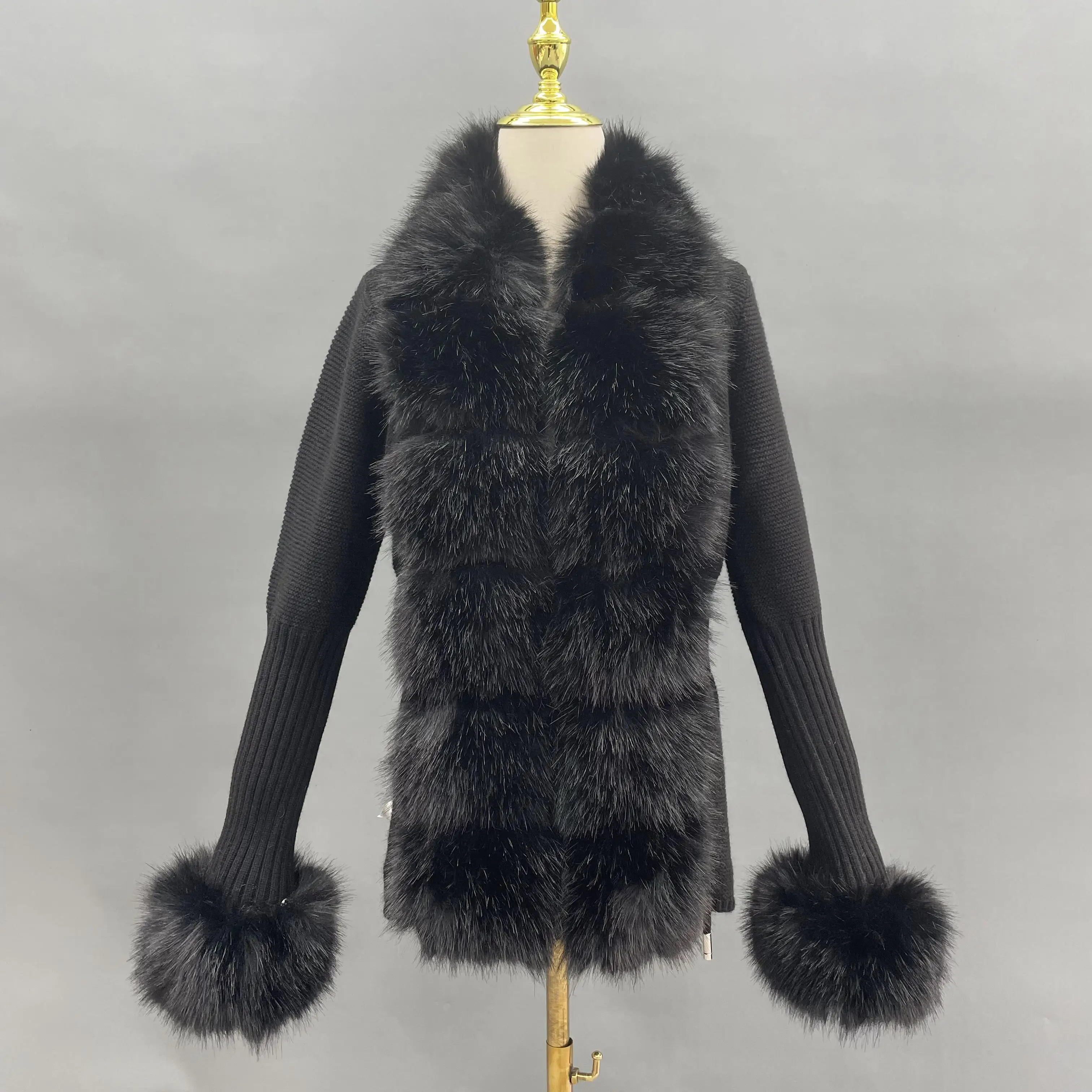 Wool Blend Faux Fur Coat Women Long Sleeve Knitted Cardigan With Fur Collar And Cuff