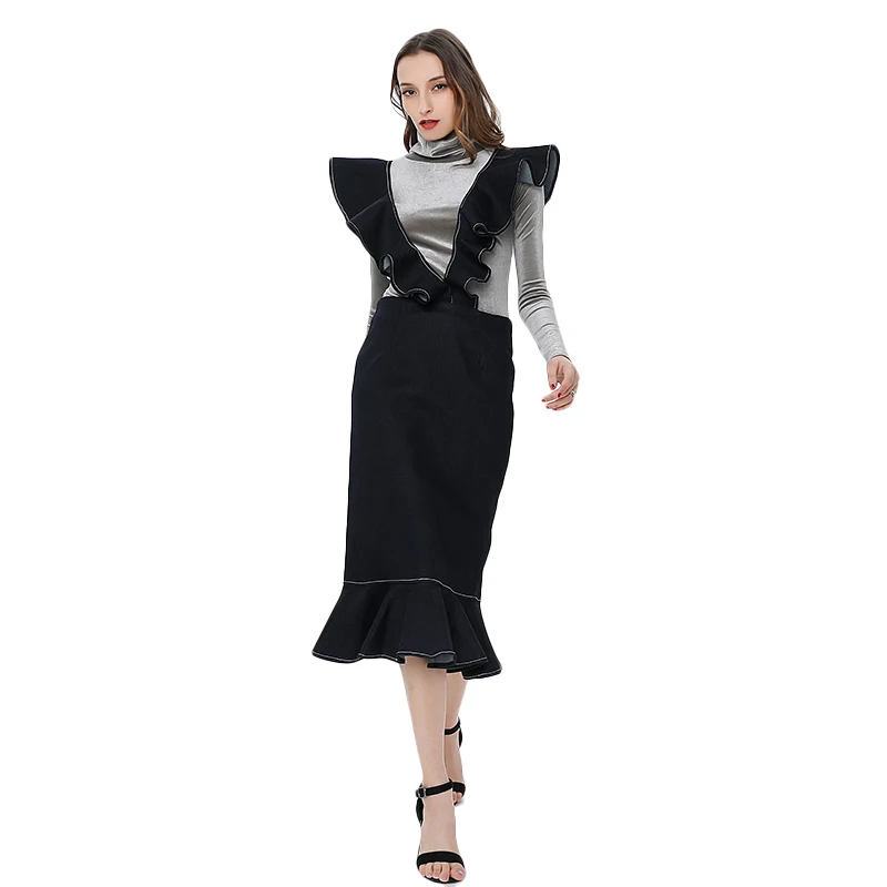 ONEINALL High Waist Patchwork Ruffle Solid Skirts Female Fashion New Clothing 2021 Spring