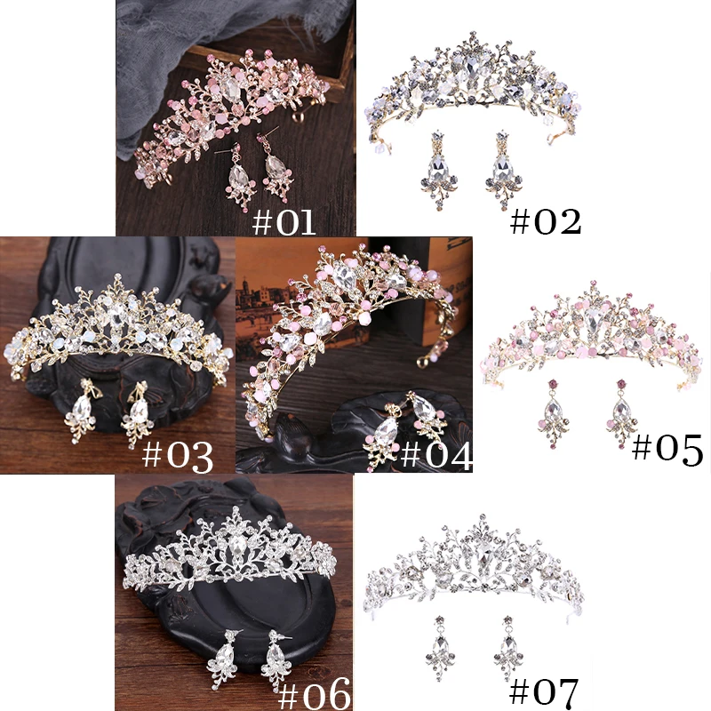 Delicate Rhinestone Pearls Golden Alloy Tiaras Crown For Wedding Hair Accessories Set Coronas Decorativas De Metal With Earing