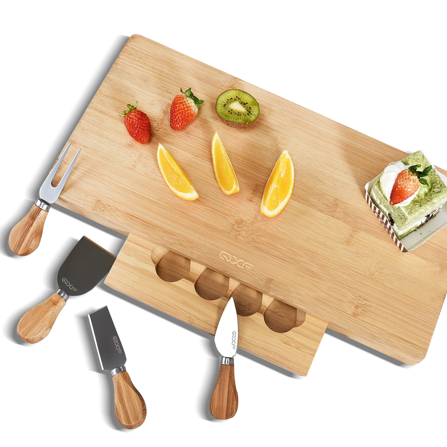 New Design Natural 5 Pcs Charcuterie Board Bamboo Cheese Cutting Board Stainless Steel Cheese board Knife Set