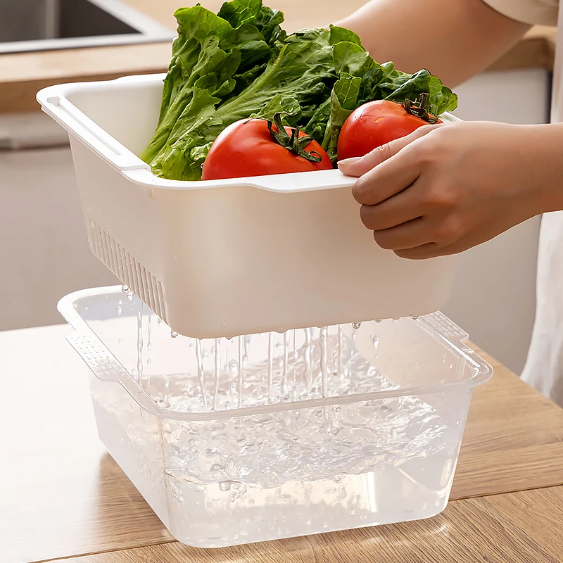 Hot Selling Original Design Stretchable Basket Double Layers Vegetable Fruit Washing Bowl for Kitchen Plastic Drain Basket