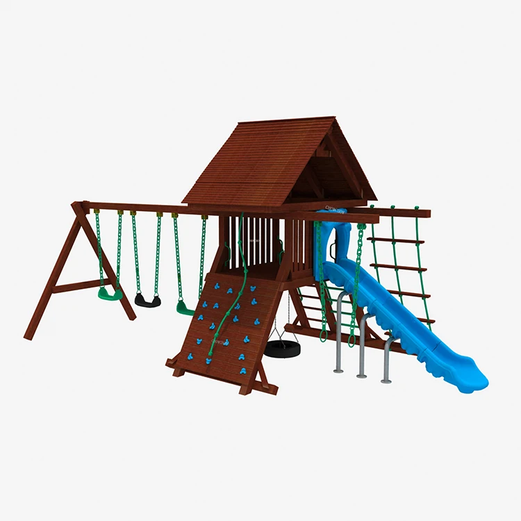 New design children outdoor wooden playground plastic swing and slide