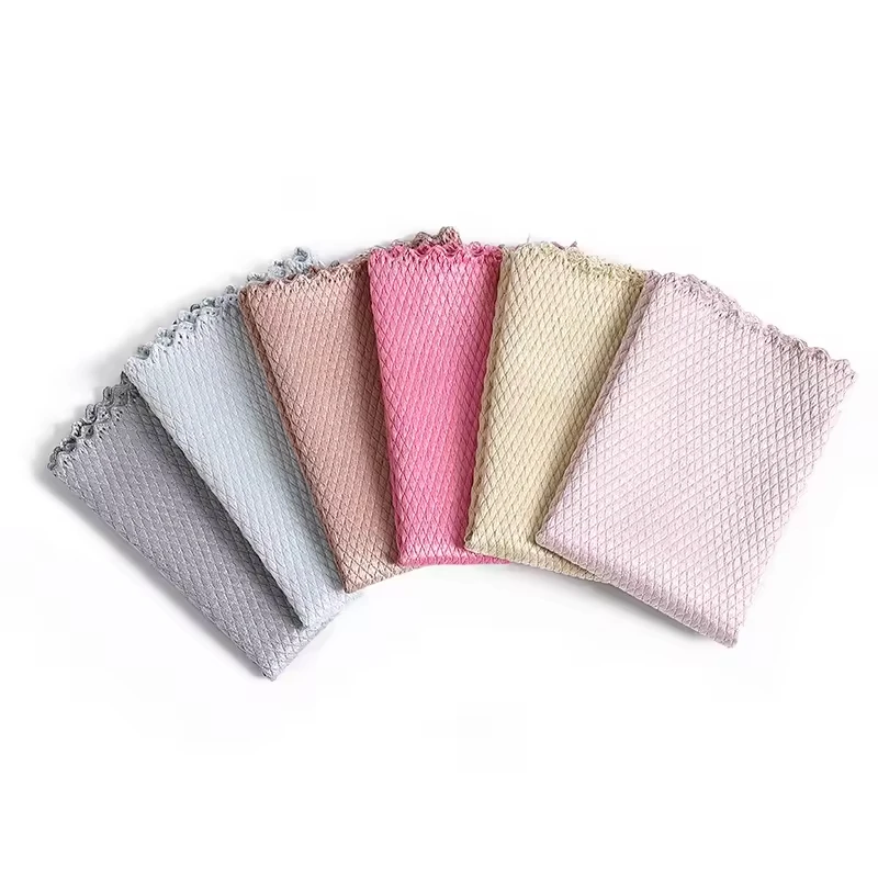 Hot sale eco-friendly microfiber fish scale grid kitchen clean cloths towel multicolor absorbent fast dry fiber cleaning cloth