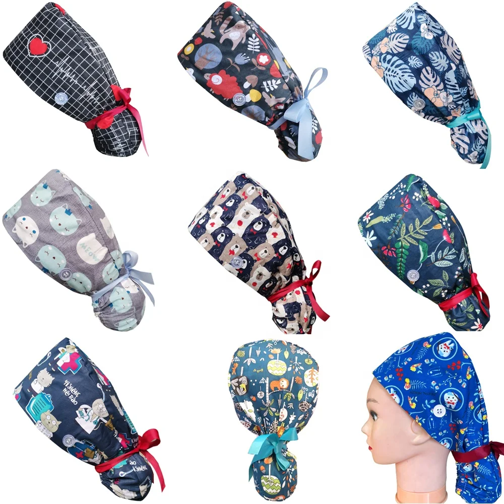 Fashion Women Multi-style 100% Cotton Printing Hat Hospital Adjustable For Long Hair Nurse Working Scrub Hat
