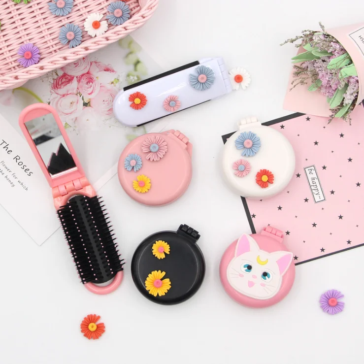 Korea style cute hair comb with mirror cartoon massage brush scalp foldable hairbrush small portable