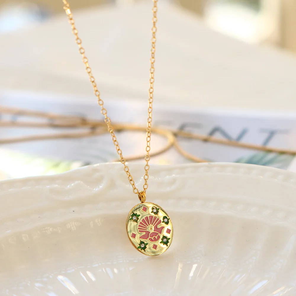 Beautiful Handmade Enameled Animal Shark Snake Pattern Coin Pendant Necklace No Fade Stainless Steel Oil Drip Flower Necklace