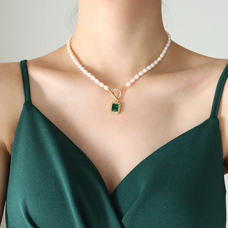 Freshwater pearl clavicle chain zircon pendant design sense titanium steel OT buckle stainless steel necklace wholesale jewelry
