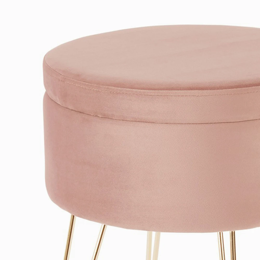 
Moodern shoe shop round detailing velvet steel leg storage ottoman cube stool round pouf 