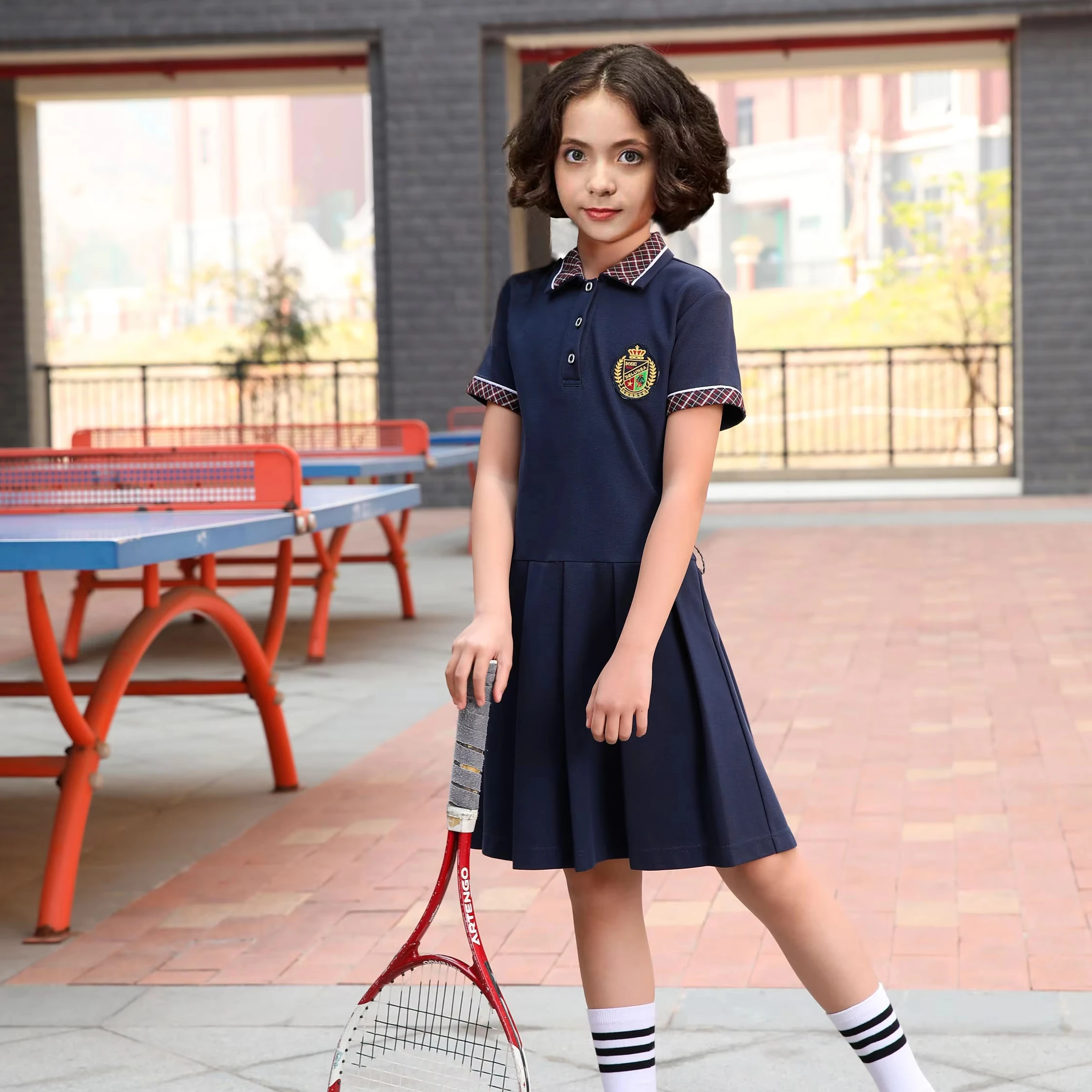 Оптовая продажа, заводская цена, лето и осень, для начальной школы, темно-синее платье для девочек, Сингапурская школьная форма