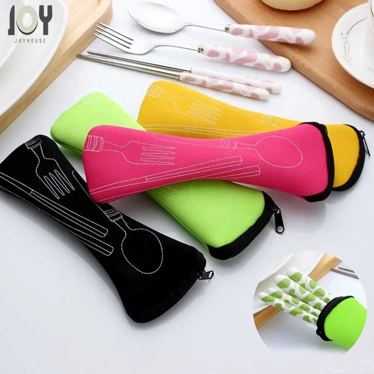 Green Creative Cow Pattern Design Flatware Set of 3 Ceramics Handle Stainless Steel Spoon Fork Chopsticks for Traveling