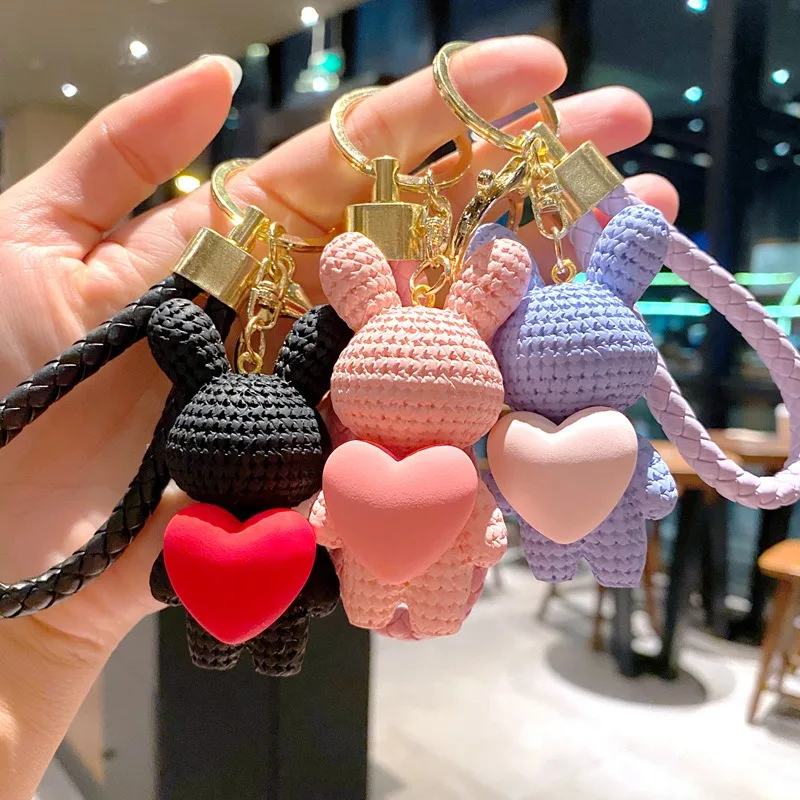 New Cartoon Resin Weaving Woolen Rabbit Heart Key Chain Lovely Couple Pendant Keyrings Bunny Keychain