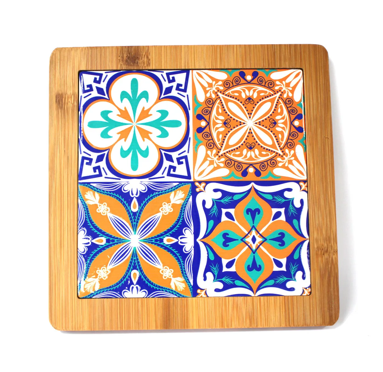 Customized square shape Ceramic Tile Trivet With bamboo