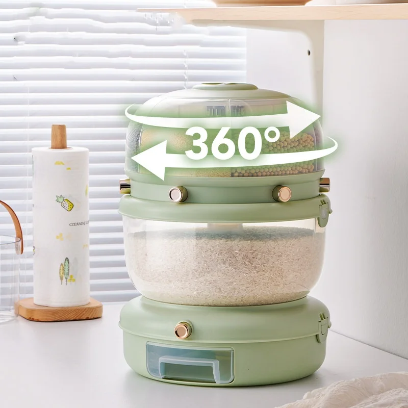 XJH Double Grain Dispenser 360° rotatable cereal box transparent rice bin with 7 individual compartments