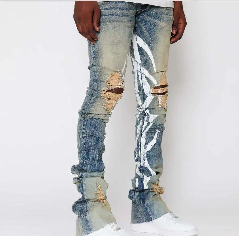 2023 new arrivals new design vintage stacked denim pants wholesale custom slim fit prints ripped stacked jeans men flare jeans
