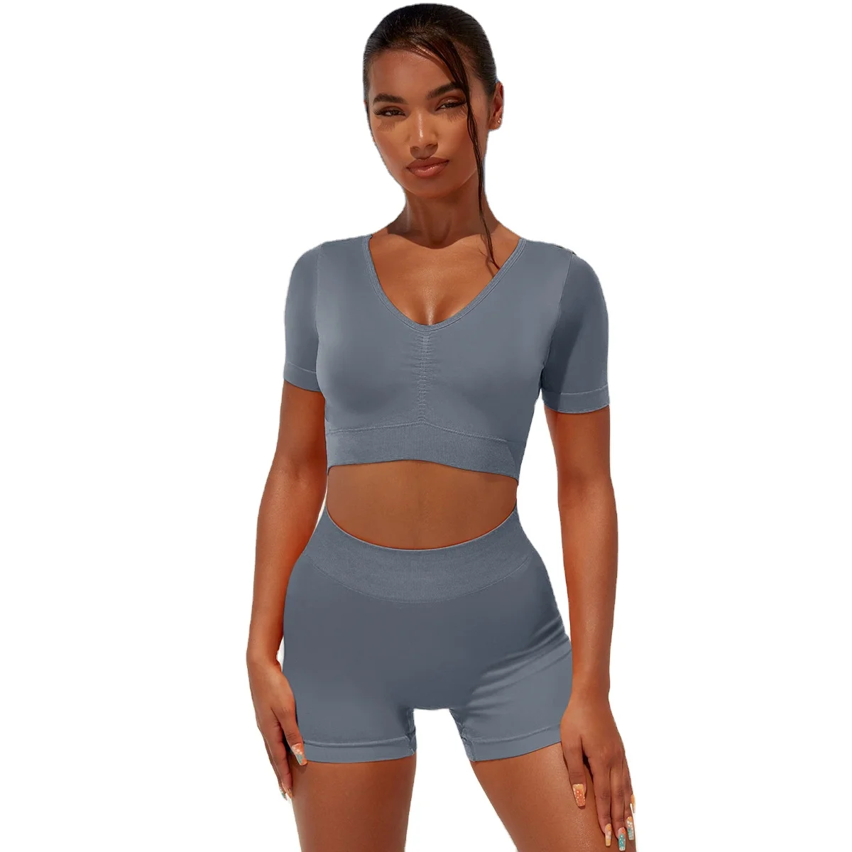 Grey Scrunch Pantsuit 2 Pieces Sports Gym Suit High Waist Seamless Fitness Wear Womens Crop Tops Butt Biker Short Set