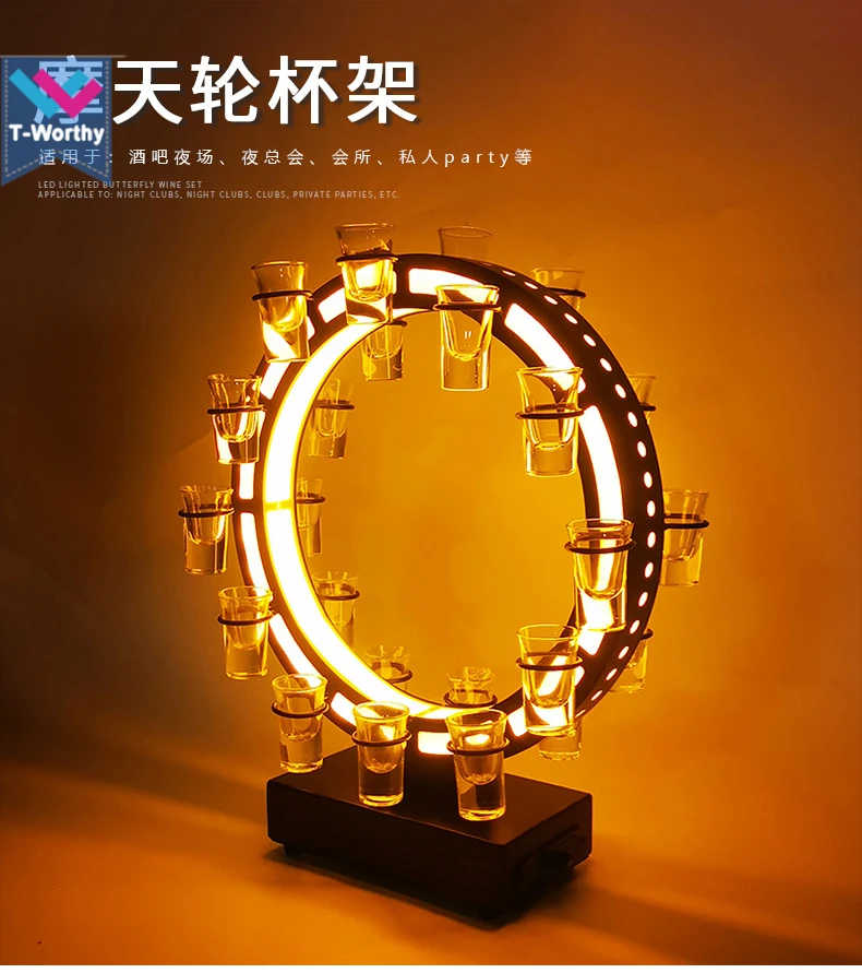 Ferris wheel Shape Rechargeable LED 24 Shot Glass Cocktail cup holder Display barware Serving Stand Shot Tray
