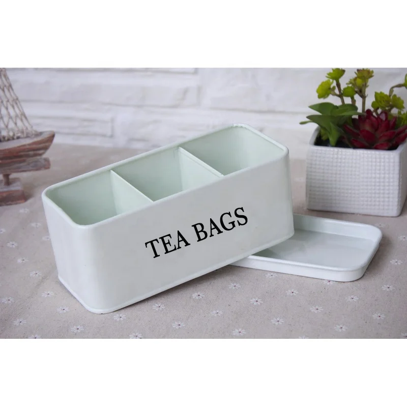 Custom rectangular coffee tea bags storage tin box with divider compartments metal tea bags bin