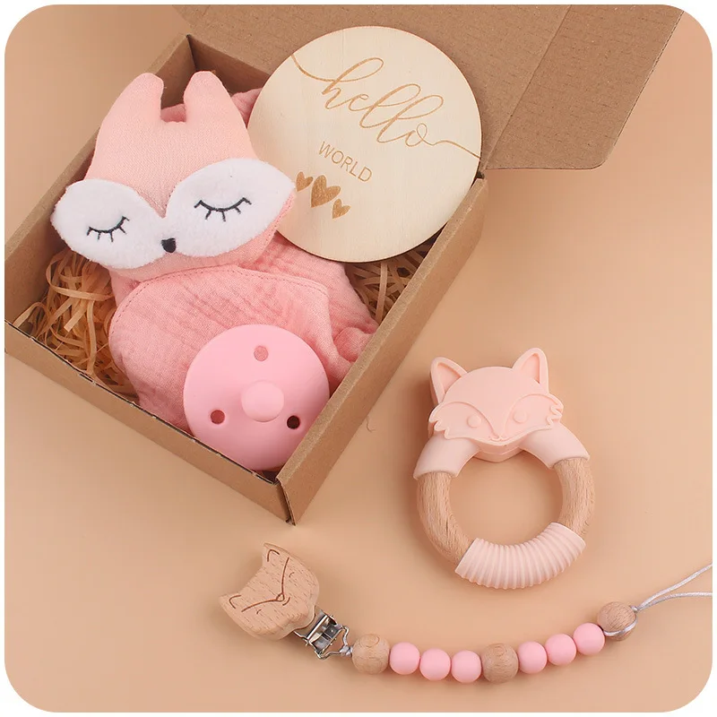New baby products cartoon fox comfort towel baby creative silicone pacifier chain teether toy five-piece set