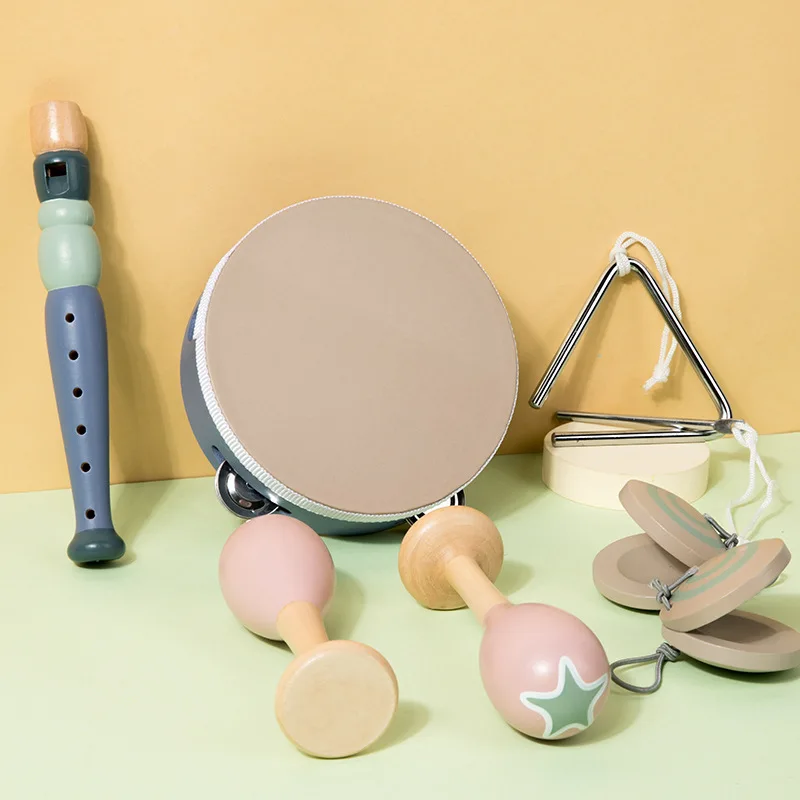Wholesale Musical Instrument Set Wooden Tambourine 5 pcs Wooden Toddler Musical Instrument Toy For Kids Preschool Percussion