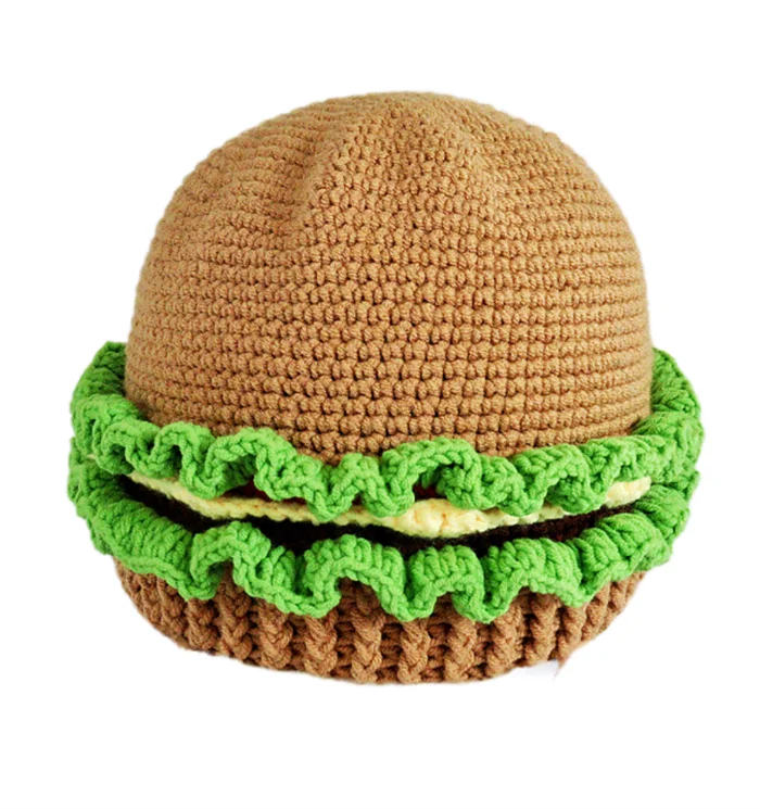 SZ1108 Cute Costume Novelty Hamburger Hats Handmade Crochet Knitted Beanie Caps Thermal Warm Funny Bread Hats for Party