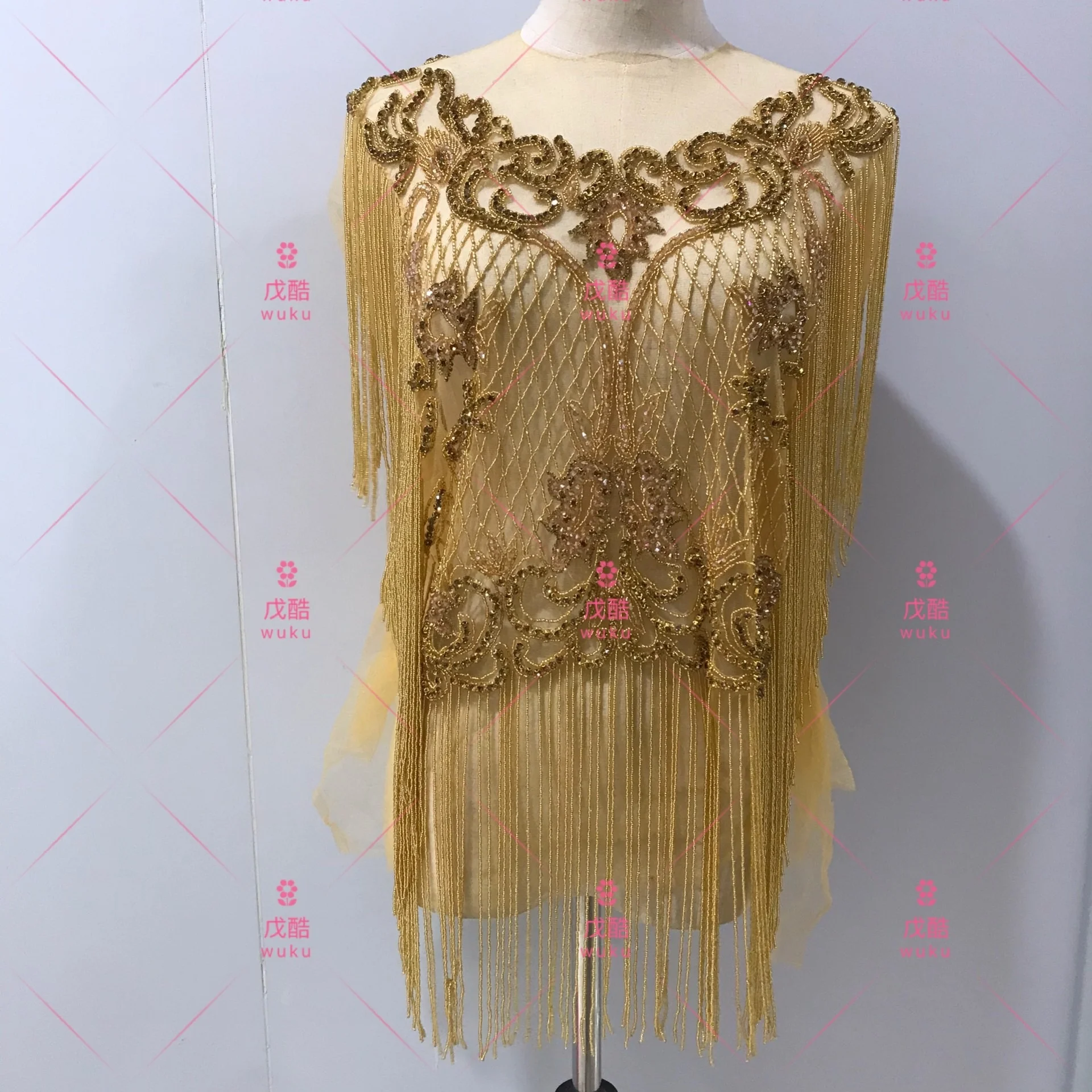 front side and back side  whole piece appliqe patch with crystal  fringe tassel design in gold
