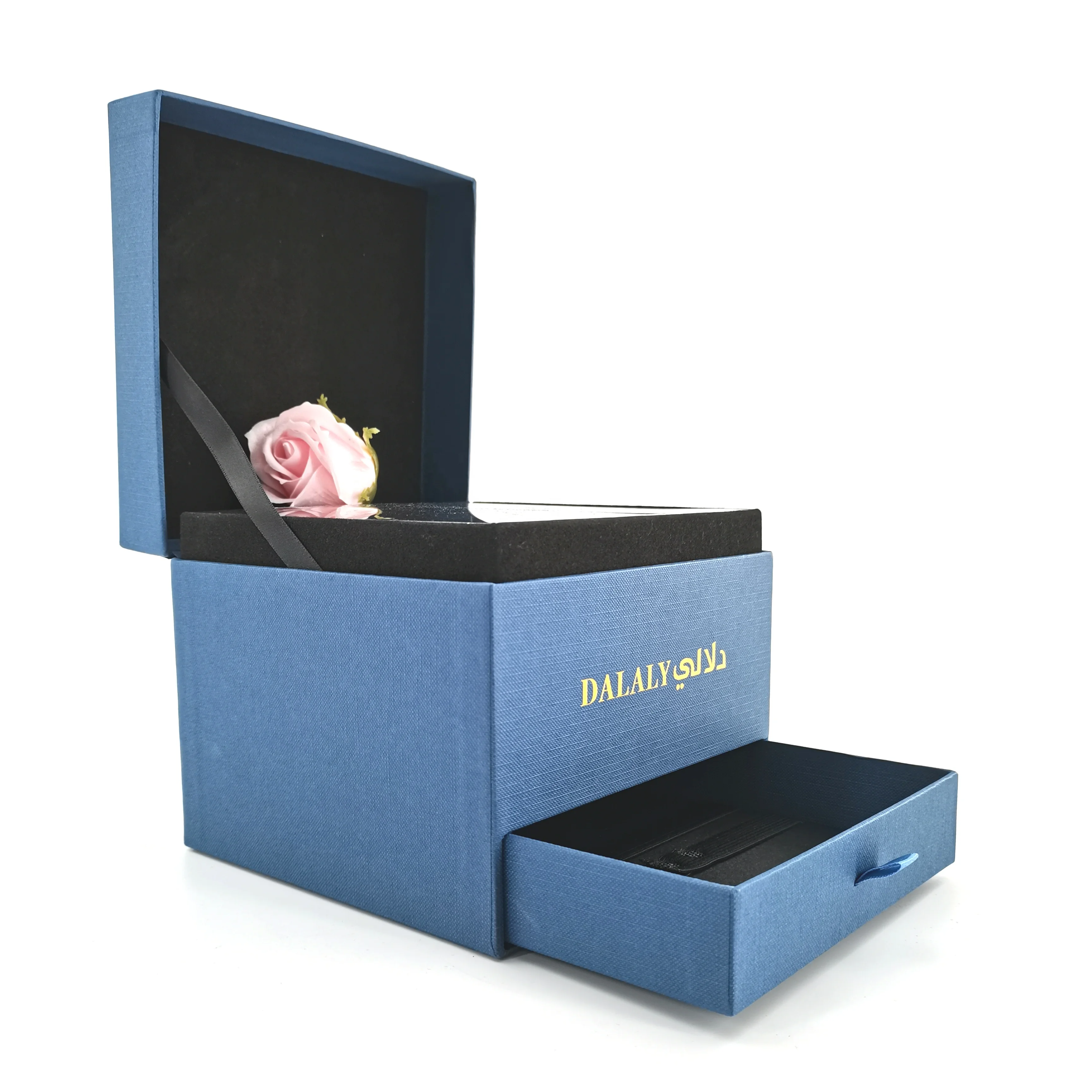 Custom transparent rose box luxury square blue special paper jewelry box with drawer high quality gift box